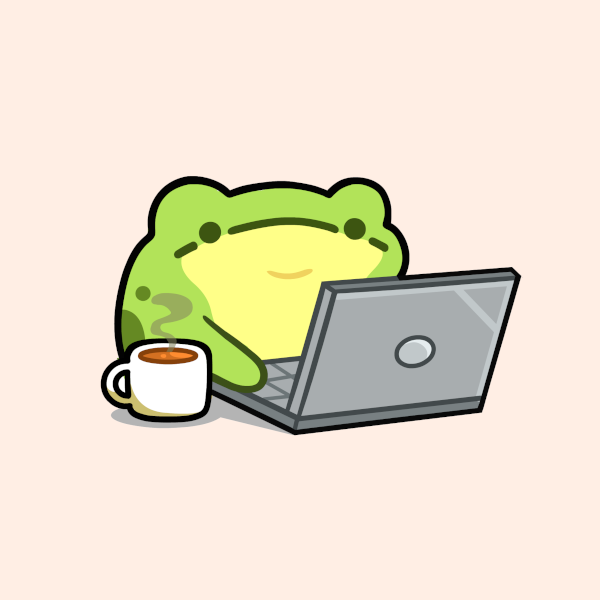 Cartoon frog typing on a laptop with a mug of coffee nearby